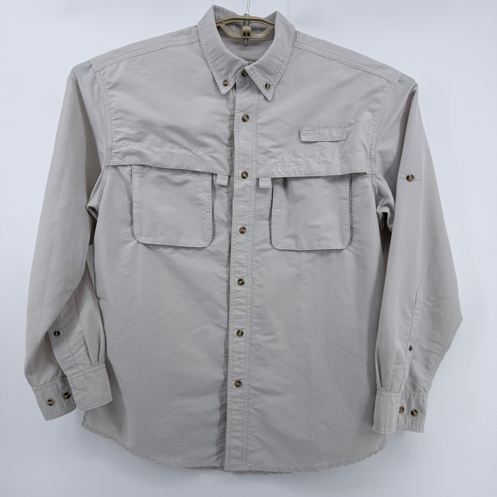 LL Bean Long Sleeve Ventilated Fishing Shirt Mens Medium Regular Tan 192202
